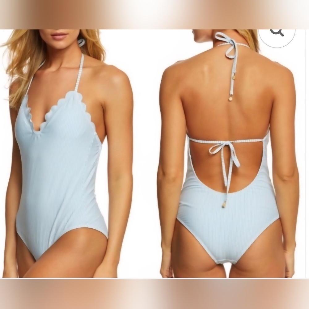 Jessica Simpson Light Blue & White Striped W Scalloped Halter Swimsuit sx XL